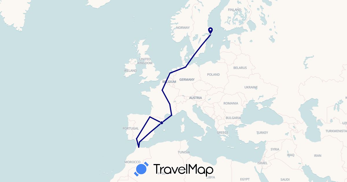 TravelMap itinerary: driving in Germany, Denmark, Spain, France, Morocco, Netherlands, Sweden (Africa, Europe)