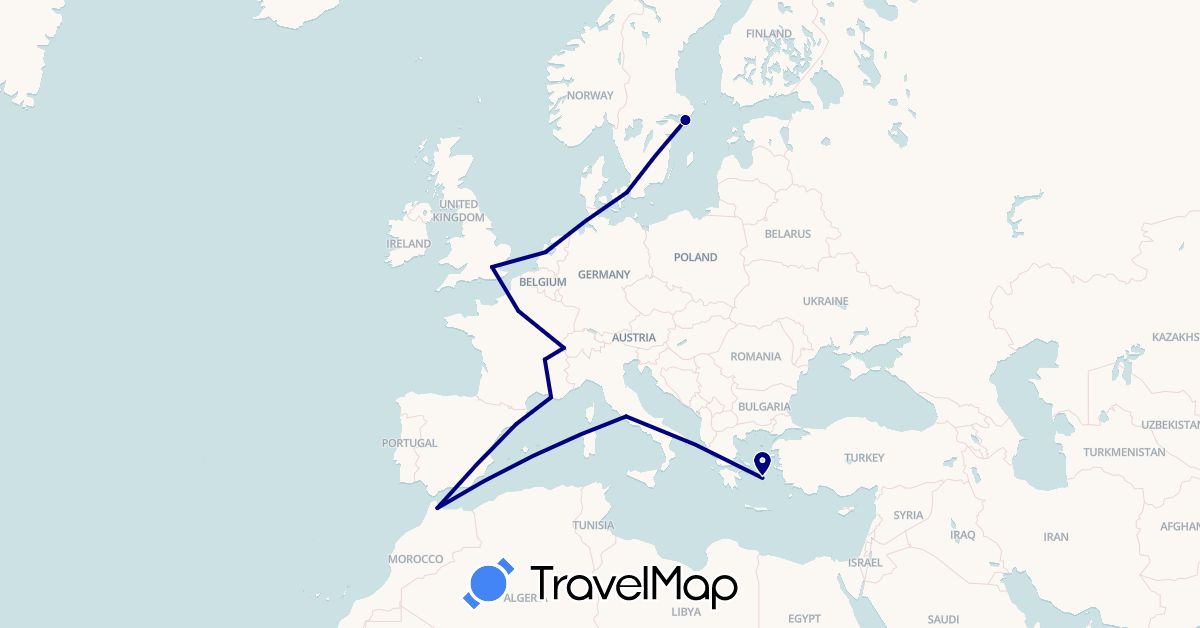 TravelMap itinerary: driving in Switzerland, Denmark, Spain, France, United Kingdom, Greece, Italy, Morocco, Netherlands, Sweden (Africa, Europe)