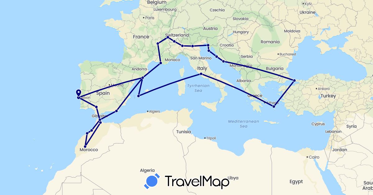 TravelMap itinerary: driving in Switzerland, Spain, France, Greece, Croatia, Italy, Morocco, Portugal, Slovenia, Turkey (Africa, Asia, Europe)