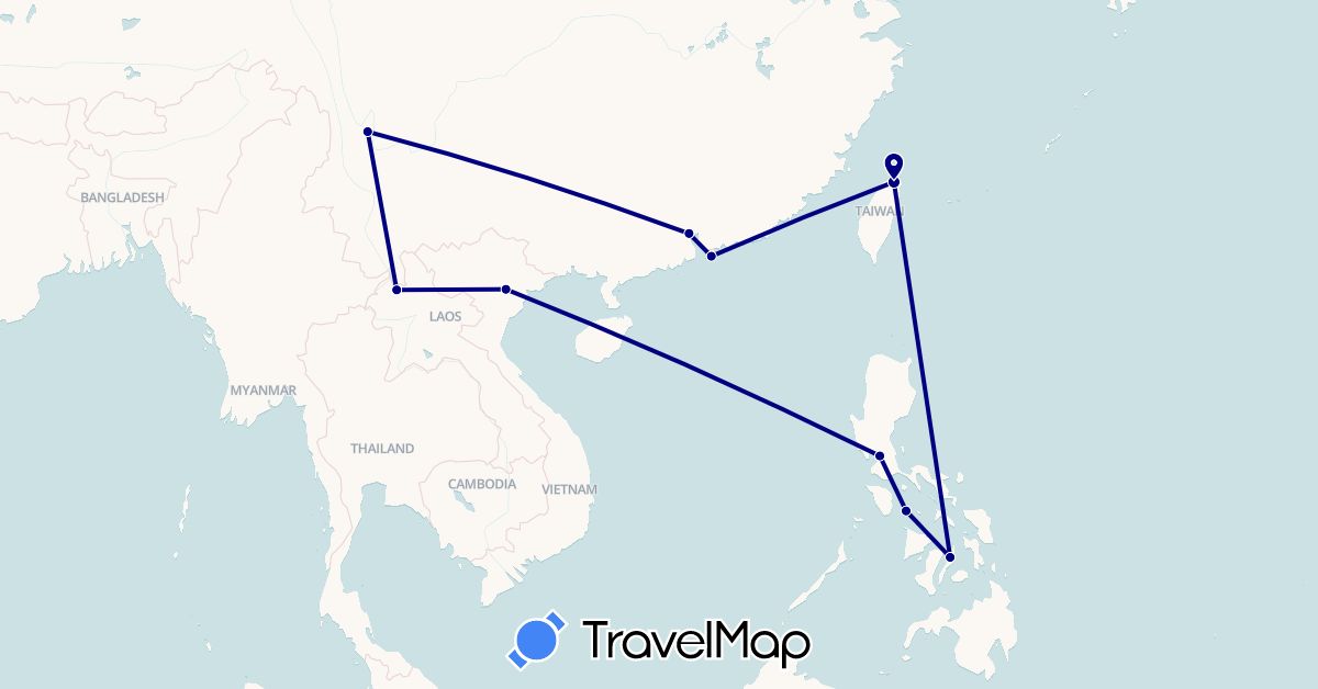 TravelMap itinerary: driving in China, Laos, Philippines, Taiwan, Vietnam (Asia)
