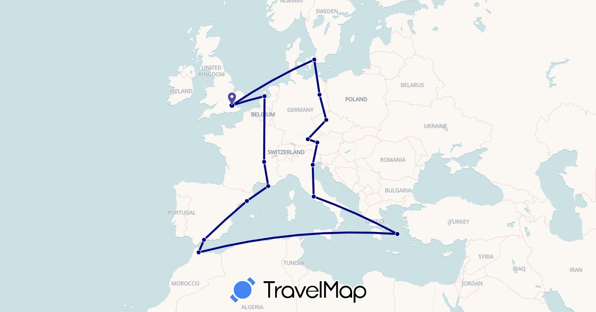 TravelMap itinerary: driving in Austria, Czech Republic, Germany, Denmark, Spain, France, United Kingdom, Greece, Italy, Morocco, Netherlands (Africa, Europe)